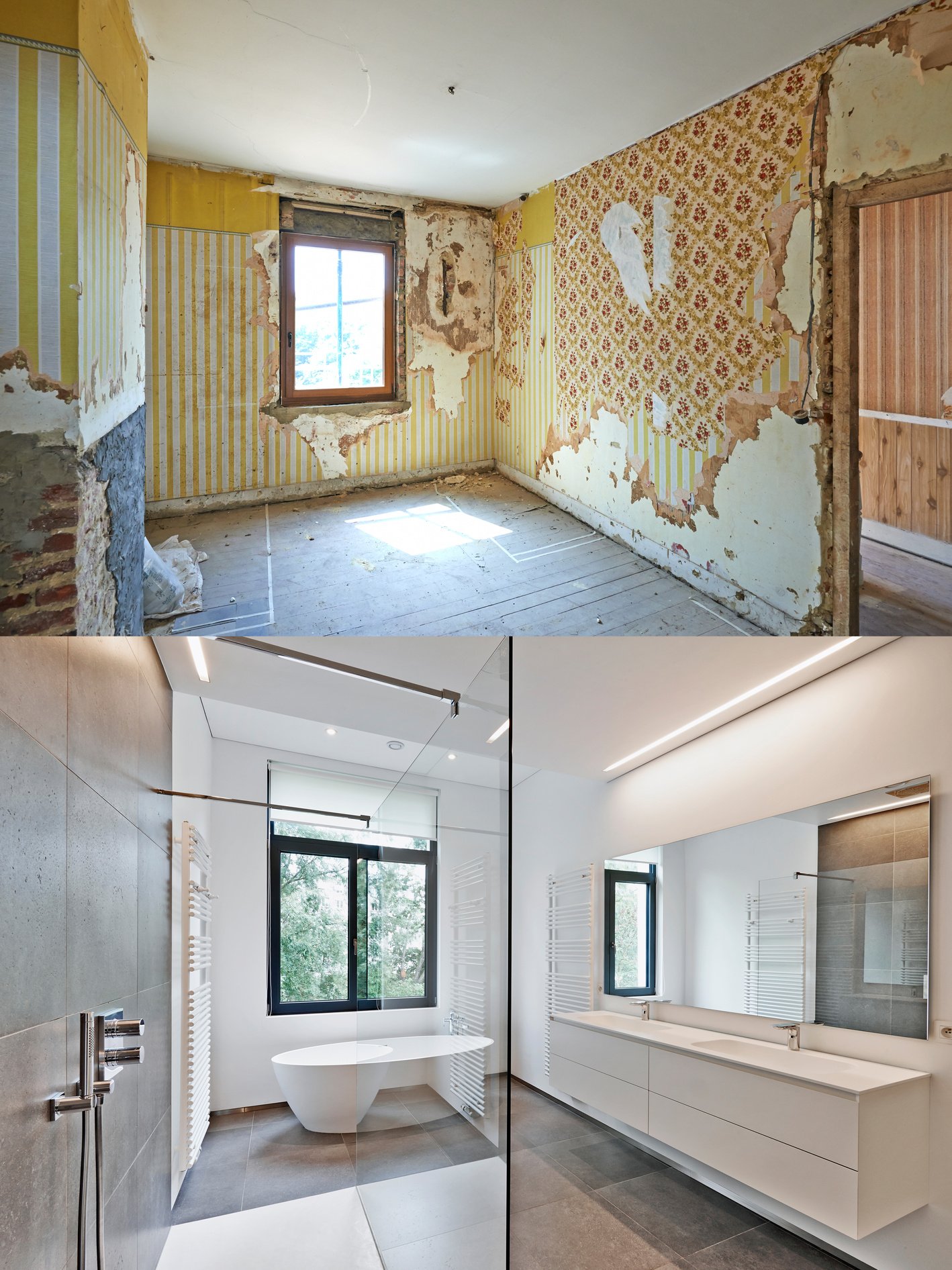 Renovation of a bathroom Before and after in vertical format